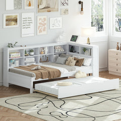 Wooden Twin Size DayBed with Twin Trundle, DayBed with Storage Shelf and USB Charging Ports,White(Old SKU: HL000074AAK)