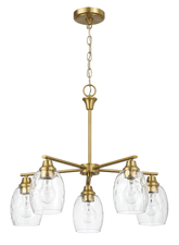 Elegance Five Lights Linear Arms with Golden Brass Finish Chain Chandelier 24"W × 8.5"H with Clear Water Glass