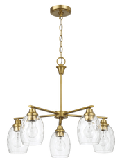 Elegance Five Lights Linear Arms with Golden Brass Finish Chain Chandelier 24"W × 8.5"H with Clear Water Glass