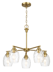 Elegance Five Lights Linear Arms with Golden Brass Finish Chain Chandelier 24"W × 8.5"H with Clear Water Glass
