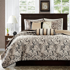 6 Piece Jacquard Quilt Set with Throw Pillows Black Full/Queen