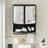 23.62"Modern Arched Glass Double-Door Wardrobe with Shatterproof Non-Glass Mirror-Double-Layer Storage,Open Shelf & Towel Rack for Entryway, Living Room,Bathroom, Dining Room (Black)