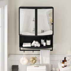 23.62"Modern Arched Glass Double-Door Wardrobe with Shatterproof Non-Glass Mirror-Double-Layer Storage,Open Shelf & Towel Rack for Entryway, Living Room,Bathroom, Dining Room (Black)