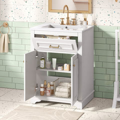 24" Bathroom Vanity with Integrated Ceramic Sink, Bathroom Cabinet with 2 Doors, 1 Tip-Out Drawer, Single Sink Bathroom Vanity for Small and Medium Restroom, White