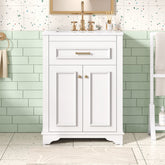 24" Bathroom Vanity with Integrated Ceramic Sink, Bathroom Cabinet with 2 Doors, 1 Tip-Out Drawer, Single Sink Bathroom Vanity for Small and Medium Restroom, White