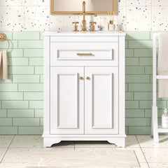 24" Bathroom Vanity with Integrated Ceramic Sink, Bathroom Cabinet with 2 Doors, 1 Tip-Out Drawer, Single Sink Bathroom Vanity for Small and Medium Restroom, White