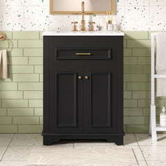 24" Bathroom Vanity with Integrated Ceramic Sink, Bathroom Cabinet with 2 Doors, 1 Tip-Out Drawer, Single Sink Bathroom Vanity for Small and Medium Restroom, Black