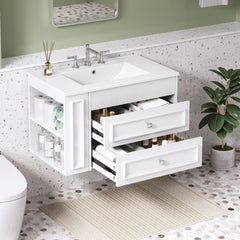30'' Wall Mounted Bathroom Vanity, Floating Bathroom Storage Cabinet with 2 Drawers, 3 Holes Single Ceramic Sink, Modern Cabinet.