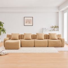 L-Shaped 4-Seat Boneless Sofa,Teddy Fabric No Assembly Required Curved Armrest,Anti-slip Design, Assembly Chaise,32D High Density Sponge Full Compression Vacuum Packag,For Studies living Rooms,CameI