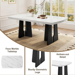 63" Modern Faux Marble Dining Table - Black/White Marble Top with Sturdy Geometric Legs, Stylish Kitchen & Dining Room Table for Home, Apartment, Office, Easy to Assemble, White+Black