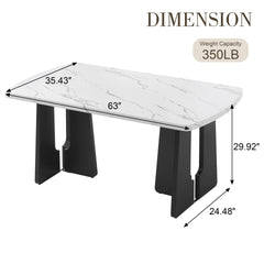 63" Modern Faux Marble Dining Table - Black/White Marble Top with Sturdy Geometric Legs, Stylish Kitchen & Dining Room Table for Home, Apartment, Office, Easy to Assemble, White+Black