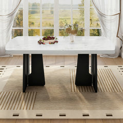 63" Modern Faux Marble Dining Table - Black/White Marble Top with Sturdy Geometric Legs, Stylish Kitchen & Dining Room Table for Home, Apartment, Office, Easy to Assemble, White+Black