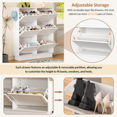 Modern Elegant Narrow Tipping Bucket Shoe Cabinet with 6 Flip Drawers, Space Saving Design, Cream Style Entryway Organizer with Adjustable Shelf, Free-Standing Shoe Rack with 3 Silvery Hooks, White