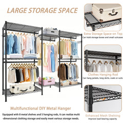 Heavy Duty Garment Rack, Freestanding Closet Organizer, Portable Wardrobe Clothes Rack, Adjustable Wire Shelving Clothes Rack with 8 Adjustable Wire Shelves and 5 Clothes Rails, Black (Without Hook)
