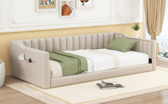 Twin XL Size Upholstery Daybed and Side Storage pocket,Beige
