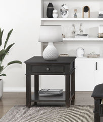Living Room End Table with Drawer Shelf Charging Ports Charcoal Finish Classic Durable Wooden 1pc