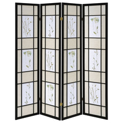 Floral and Black 4-Panel Folding Screen with Floral Motif