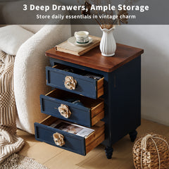Vintage Farmhouse End Table with Floral Knobs – 19" Rustic Nightstand with 3 Drawers & Gourd Legs,Bedside or Sofa Accent Table, Almost Fully Assembled, Blue