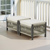 Outdoor PE Wicker Ottomans Set of 2, Patio Rattan Footrests with Beige Cushion for Backyard or Deck