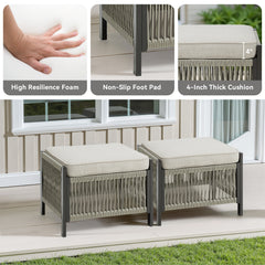 Outdoor PE Wicker Ottomans Set of 2, Patio Rattan Footrests with Beige Cushion for Backyard or Deck