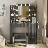 Vanity Table with Mirror and Lights, Vanity Desk and Cushioned Stool Set with Charging Station, Storage Drawers and Transparent Tabletop for Women Girls Bedroom, Black