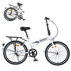 24 Inch Folding Bike for Adults with Fenders, Steel Frame Single Speed City Commuter, Dual V-Brake Portable Compact Bicycle for Men & Women