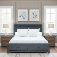 Queen Size Sleigh Bed, Corduroy Blue Finish
