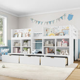 Twin Size Loft Bed with Multi-storage Shelves and Storage, Low Loft Bed with Curtain under the Bed and Chalkboard, No Box Spring Needed, White