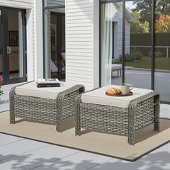 Outdoor PE Wicker Ottomans Set of 2, Patio Gray Rattan Footrests with Beige Cushion for Backyard or Deck