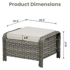 Outdoor PE Wicker Ottomans Set of 2, Patio Gray Rattan Footrests with Beige Cushion for Backyard or Deck
