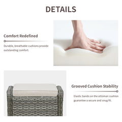 Outdoor PE Wicker Ottomans Set of 2, Patio Gray Rattan Footrests with Beige Cushion for Backyard or Deck