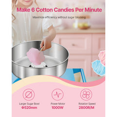Commercial Cotton Candy Machine with Cart Sugar Floss Maker 1000W for Party Blue