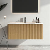 Etna 36"Striped Natural Oak Bathroom Vanity with White Artificial Stone Basin, Wall Mounted Floating Bathroom Vanity for Modern Bathroom, One-Piece White Basin without Drain, Pre-assembled