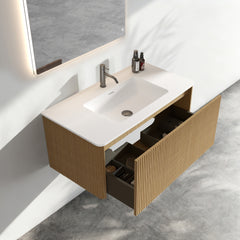 Etna 36"Striped Natural Oak Bathroom Vanity with White Artificial Stone Basin, Wall Mounted Floating Bathroom Vanity for Modern Bathroom, One-Piece White Basin without Drain, Pre-assembled