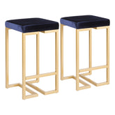 Midas 26" Contemporary-Glam Counter Stool in Gold with Blue Velvet Cushion by LumiSource - Set of 2