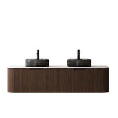 DINA 60" Bathroom Vanity with Sinks, Wall-Mounted Curved Edges Striped Storage Cabinet with 2 Drawers, 2 Transparent Black Round Glass Basins and Countertop, Pre-assembled, Dark Walnut Woodgrain Color