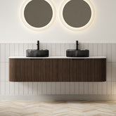 DINA 60" Bathroom Vanity with Sinks, Wall-Mounted Curved Edges Striped Storage Cabinet with 2 Drawers, 2 Transparent Black Round Glass Basins and Countertop, Pre-assembled, Dark Walnut Woodgrain Color