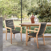Rivani Outdoor Eucalyptus Wood and Charcoal Rope Dining Chairs with Teak Finish - Set of 2