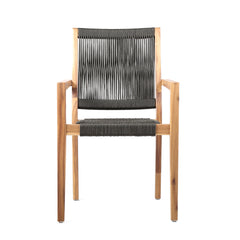 Rivani Outdoor Eucalyptus Wood and Charcoal Rope Dining Chairs with Teak Finish - Set of 2