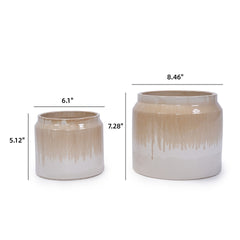 Handmade Non-Porous Ceramic Planter Set of 2, 6" & 8" Diameter, Beige Drip Glaze, for Aquatic Plants Indoor/Outdoor Shelf & Desk Use, Breathable Clay