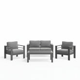 All-Weather 4-Piece Modern Metal Patio Furniture Set, 4-Seat Conversation Sofa with Thick Gray Cushions & Gray Frame and Coffee Table