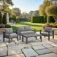 All-Weather 4-Piece Modern Metal Patio Furniture Set, 4-Seat Conversation Sofa with Thick Gray Cushions & Gray Frame and Coffee Table