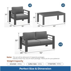 All-Weather 4-Piece Modern Metal Patio Furniture Set, 4-Seat Conversation Sofa with Thick Gray Cushions & Gray Frame and Coffee Table