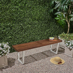 Dining Bench, Acacia Wood with Iron Legs, Modern, Contemporary, Dark Brown and White, Wash