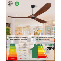 60 Inch Solid Wood Ceiling Fan without Light With Wall Switch and Remote Control,6 Speed,3 Blades Walnut Outdoor Ceiling Fans for Patio,Indoor,Living Room,Bedroom,Porch,Farmhouse