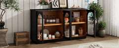 TREXM 4-Door Large Storage Buffet Cabinet with Glass Doors, Arched Cabinet with Adjustable Shelves for Kitchen, Dining Room and Living Room (Black)