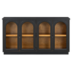 TREXM 4-Door Large Storage Buffet Cabinet with Glass Doors, Arched Cabinet with Adjustable Shelves for Kitchen, Dining Room and Living Room (Black)