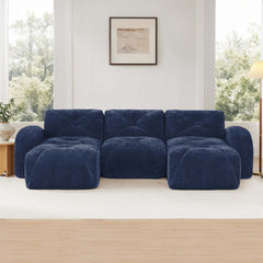 U-shaped Boneless Sofa,Tufted Design,32D High Density Sponge,Bottom Anti-Slip Design,No Assembly Required Bottom,Free Combination,Movable Ottomans For Study And Home Theater, Blue