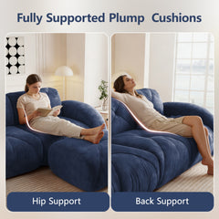 110''Boneless Sofa With Tufted,Soft Velvet Fabric,Modular Sectional Sofa Couches,32D High Density Sponge,Anti-Slip Design,Ergonomic Design Bottom,No Assembly Required,For Study,Home Theater,Blue