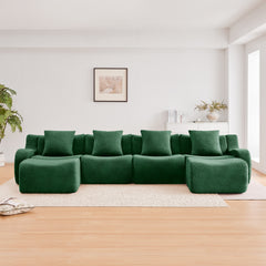 U-Shaped Boneless Sofa,Teddy Fabric No assembly required Curved armrest,Anti-slip Design,Streamlined Design 32D High Density Sponge,Full Compression Vacuum Packag,For Studies living Rooms,Green